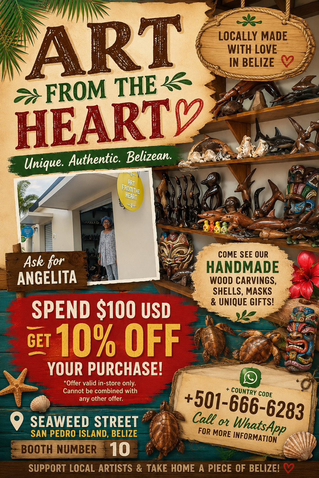 Angelita's handmade Belizean souvenirs shop on Seaweed Street in San Pedro, Belize — unique one-of-a-kind gifts and keepsakes